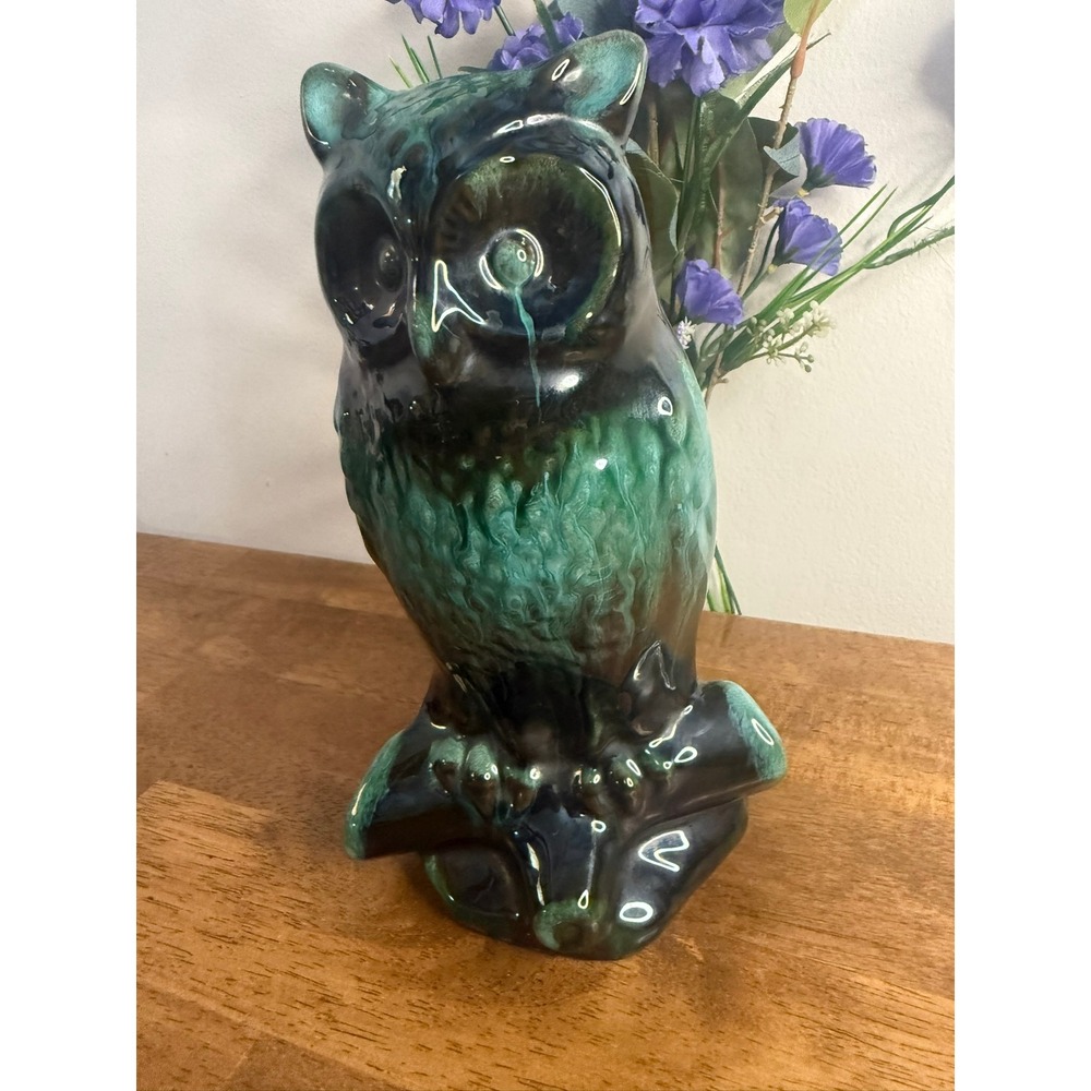 Large Vintage MCM Owl Ceramic Vase Planter Green Black Drip Glaze Pottery - Picture 3 of 10